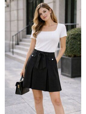 NYCC Black Pleated A-Line Skirt With Rhinestone Buttons & Waist Tie Size Medium